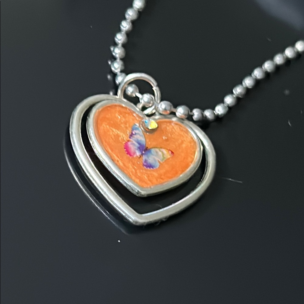 Silver Heart Pendant with Orange Resin and Purple Butterfly & Free Necklace